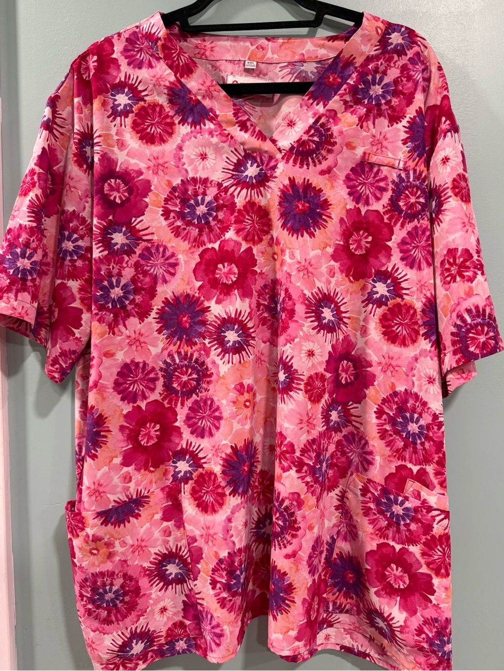 White Cross Pink Floral V-Neck Scrub Top